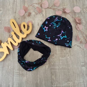 Beanie & scarf girls stars blue/purple