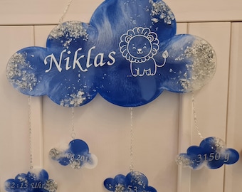 Nube de bebé personalizada de 35 cm con nombre, fecha de nacimiento y foto del animal individualmente