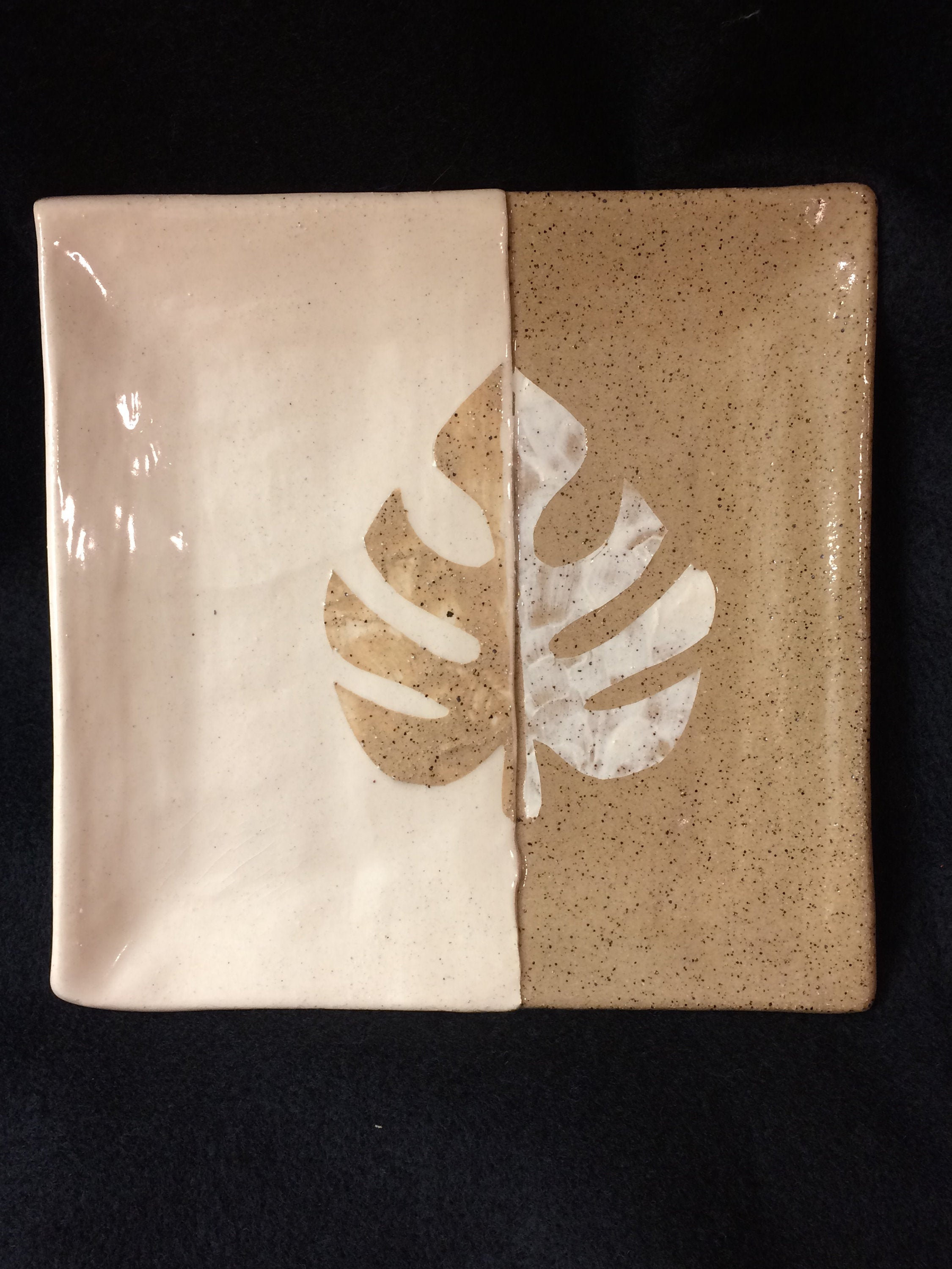 Twotone Leaf Medium Ceramic Plate 7x7 Square Handmade With Two