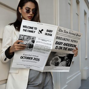 Editable Baby Announcement Newspaper - Canva Template – Printable Large Pregnancy Reveal, Baby Shower or Newspaper Pregnancy Announcement