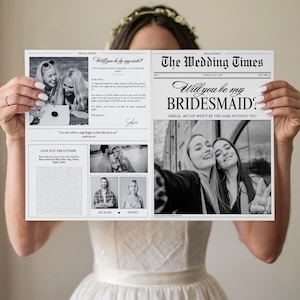 Envoltório de jornal e buquê de flores para pedido de casamento, presente para madrinha para imprimir, cartão para madrinha, modelo de convite editável do Canva, download