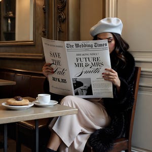 Peut inclure: Une personne dans un café lit un journal intitulé "The Wedding Times" avec le titre "Future Mr & Mrs Smith" et "Save the Date July 16, 2025." La personne porte un béret clair et un manteau noir.