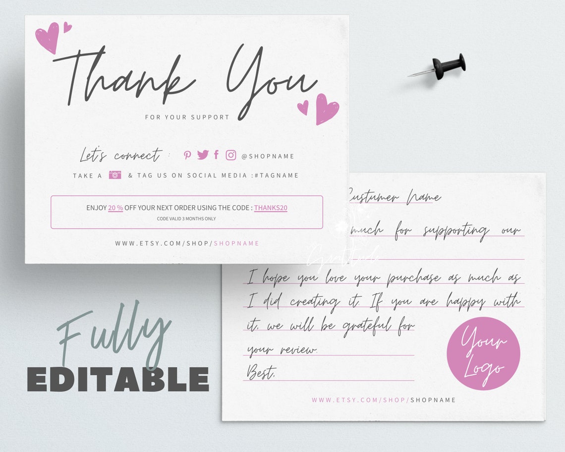 Thank You For Your Support Card Template Instant Download | Etsy