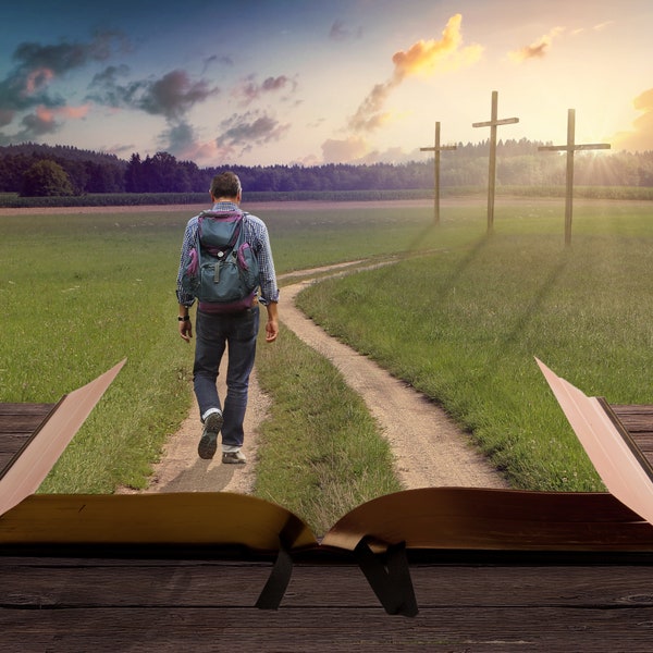 Beau fond numérique de Pâques. Marcher vers la croix en toile de fond numérique. Image religieuse de Pâques avec Bible. TÉLÉCHARGEMENT INSTANTANÉ!