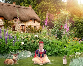 Flower garden cottage digital background.  Snow White digital backdrop.  Ideal for Easter and Spring. Princess or birthday! INSTANT DOWNLOAD