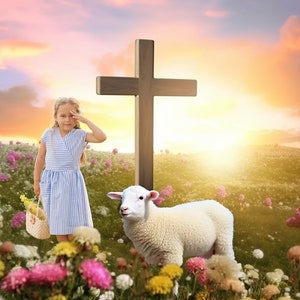 Beautiful Easter Digital Background. Religious cross and lamb digital backdrop. Spring flowers. INSTANT DOWNLOAD!