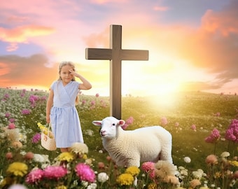 Beautiful Easter Digital Background. Religious cross and lamb digital backdrop. Spring flowers. INSTANT DOWNLOAD!