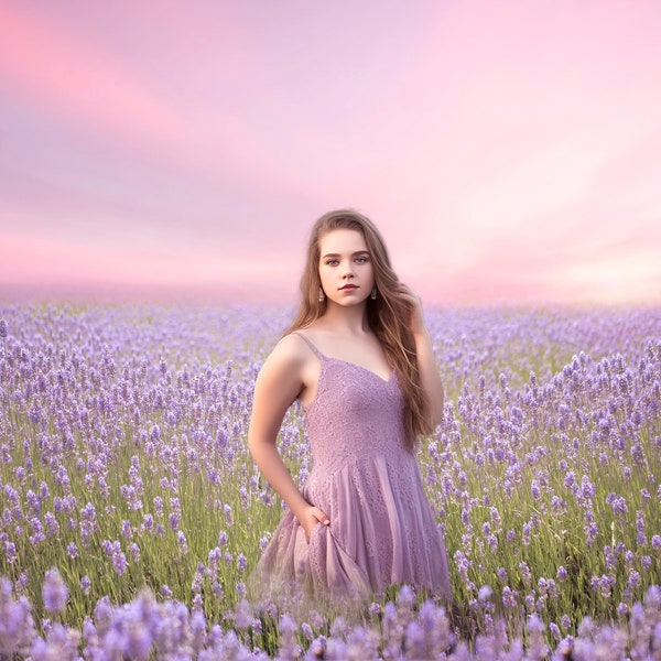 Dreamy Lavender Field Digital Background.  Sunset Backdrop for Photographers. INSTANT DOWNLOAD!