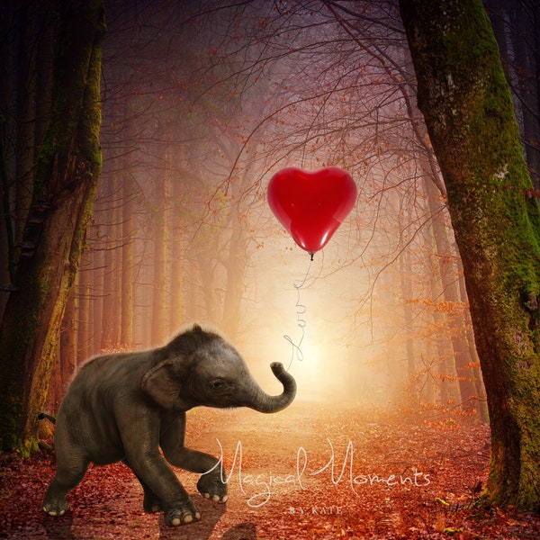 Elephant with heart balloon digital background. Valentine's Day birthday wedding anniversary backdrop. Instant download!