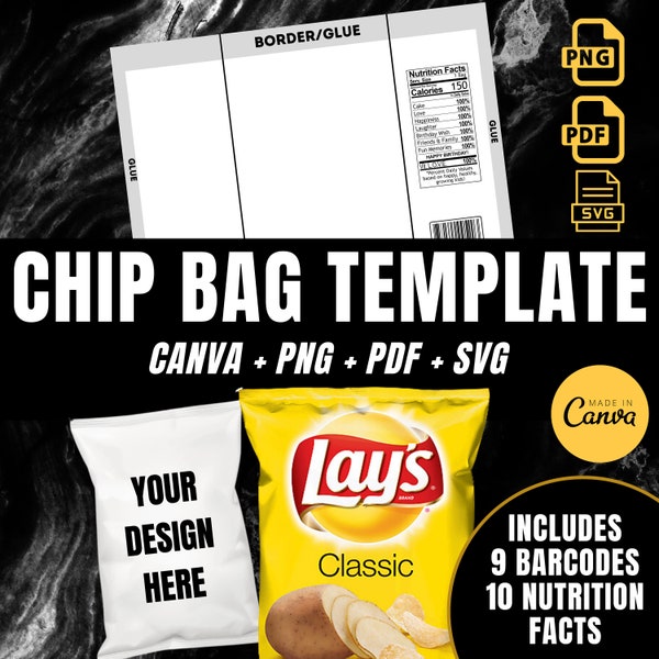 Chip Bag Template, Canva, Party Favor Template, Chip Template, Kids Party Favors, Printable, Nutrition Facts, Barcodes