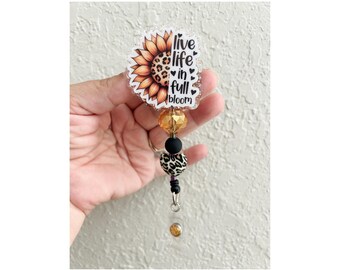 Live life in full bloom badge reel, beaded badge reel, sunflower inspired badge reel, cute badge reel, office gifts, ID reel, badge reel