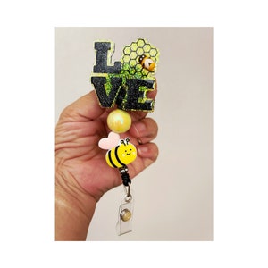 Love with honeycomb badge reel, bee office badge reel, bee ID holder, honeycomb with bee ID holder, honeycomb with bee ID badge holder