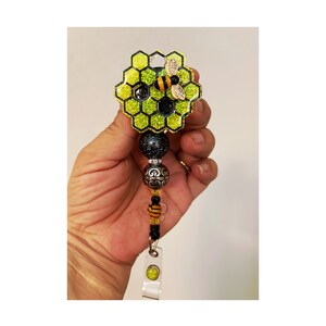 Honeycomb badge reel, bee badge reel, bee office badge reel, bee ID holder, honeycomb with bee ID holder, honeycomb with bee ID badge holder