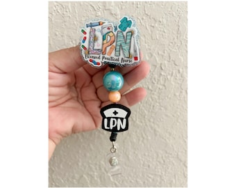 LPN badge reel, licensed practical nurse badge reel, lpn beaded badge reel, lpn gifts, office ID holder, lpn id reel, lpn id holder