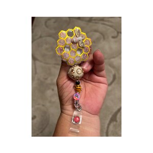 Honeycomb bee theme badge reel, badge holder, beaded badge reel, beaded badge holder, bee badge reel, honeycomb badge reel