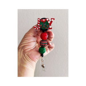 Christmas badge reel, Joy  badge reel, cute holiday badge reel, beaded badge reel, office supplies, office ID holder, office badge