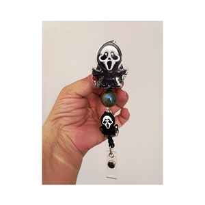 Halloween badge reel, spooky face badge reel, beaded badge reel, office supplies, office ID holder, office badge, beaded Halloween ID holder