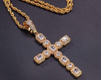 Men Iced Out Gold hip Hop Ankh Cross CZ Pendant 2mm 24" Box Chain Necklace DD009 