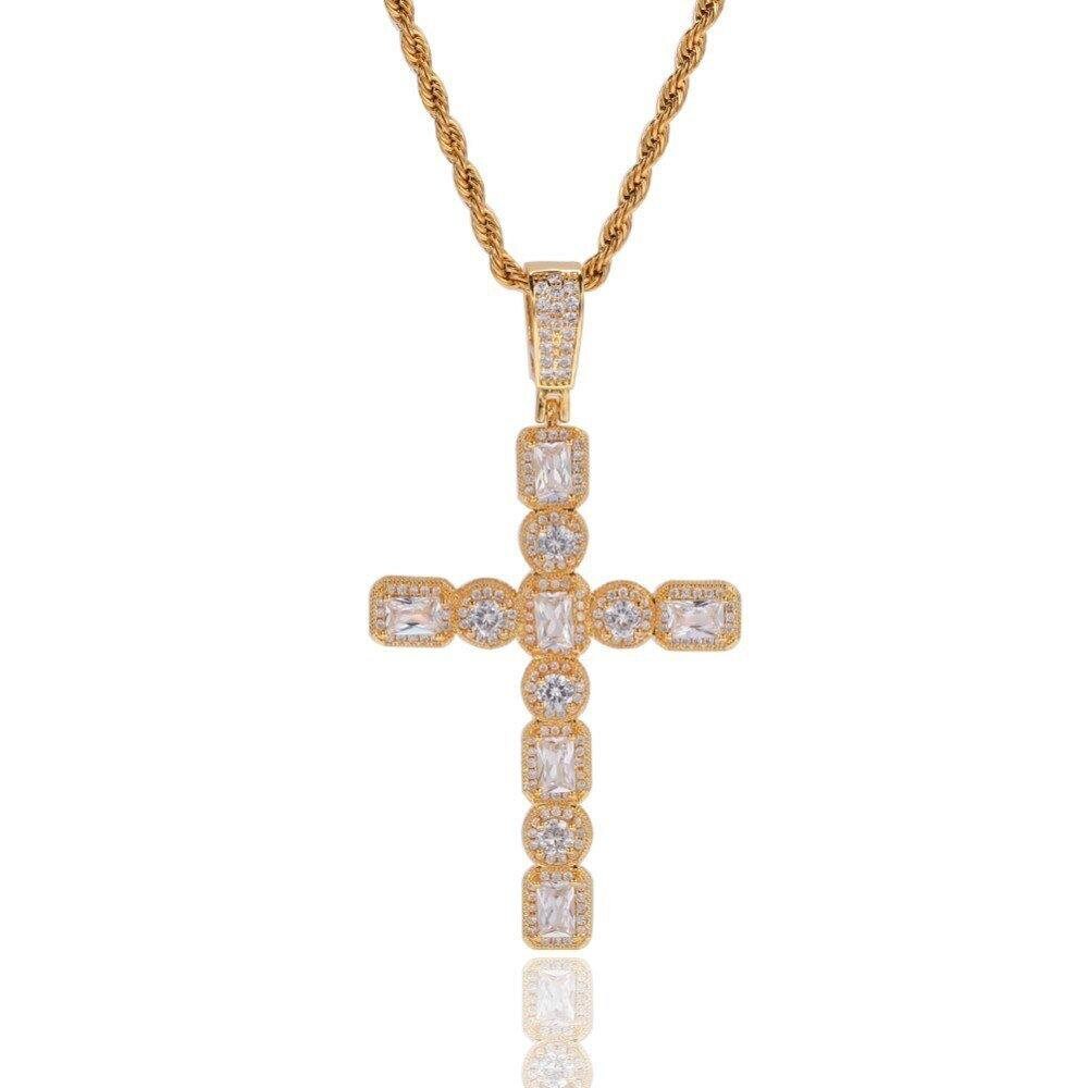 14k Gold Finish Iced Out Cross Charm 