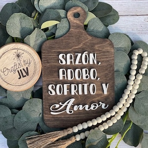 Cutting Board Decor - Sazon, Adobo, Sofrito y Amor | Cutting Board |  Farmhouse Signs| Kitchen| Kitchen Decor | Tiered Tray