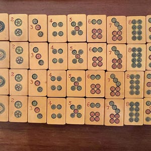 K&ouml;nnte beinhalten: Eine Sammlung von Vintage-Mahjong-Steinen, jeder mit einzigartigen Markierungen und Zahlen. Die Steine sind beige mit roten, gr&uuml;nen und blauen Symbolen. Die Zahlen 1 bis 9 sind auf den Steinen abgebildet, zusammen mit verschiedenen Symbolen.