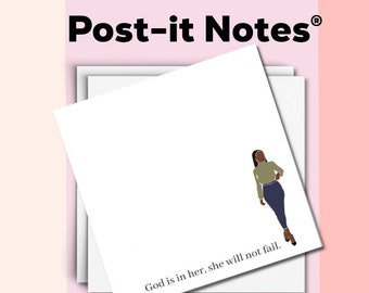 May include: A stack of white Post-it Notes with a black and brown illustration of a woman in a green shirt and blue pants. The text "God is in her, she will not fail." is printed on the notes.