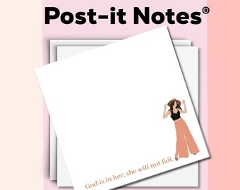 May include: A stack of white Post-it Notes with a woman in a hat and a black top and peach pants. The text "God is in her, she will not fail." is written on the bottom of the note.