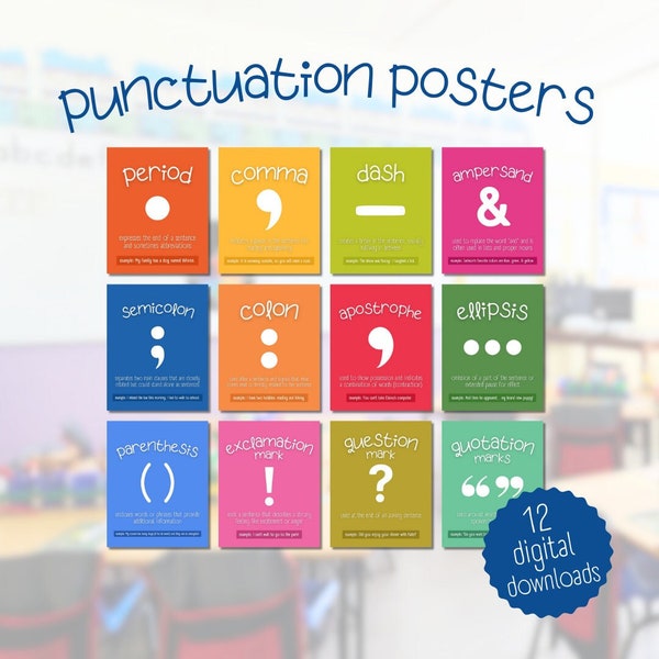 Set of 12 Printable Posters, Language Arts Punctuation, English Classroom, Elementary Classroom, Middle School Classroom, Teacher Necessity