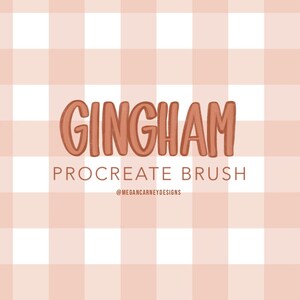 May include: Gingham Procreate Brush, a digital brush for creating gingham patterns, with a pink and white gingham background.