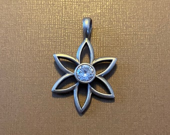 Man Made Diamond & Sterling Silver Blossoming Flower Six Petal Flower Pendant Necklace Marked By Artist