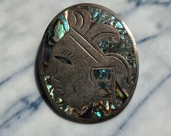 Vintage  sterling & abalone Aztec profile  brooch