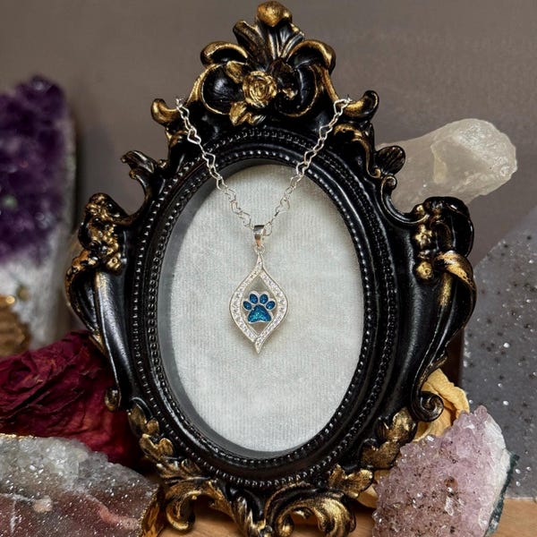 Paw Print Pet Ashes Keepsake Pendant: CZ  Cremation Memorial Necklace