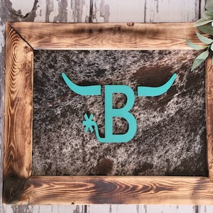 Cowhide & Turquoise Brand/Initials/Letter/Logo Wall Decor in Burnt Wood Frame *Personalized*