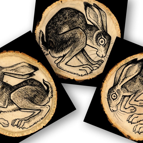 Wild Hares Wood Folk Art Prints - 11x11 or 5x5 - Buy 2 Get 1 Free