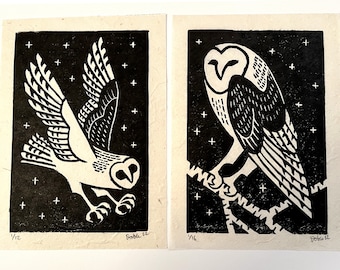 Barn Owls - Original 5x7 Linocut Print
