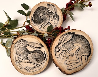 Wild Hares - Original Ink Drawings on Wood - Folk Art Wood Rounds