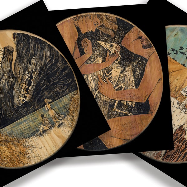 Stampe di arte popolare surrealista in legno - 5x5 o 11x11 - Acquista 2 e ricevi 1 gratis