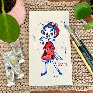 Polka Dot Girl Lino Print, Block Print, Hand Printed Design, Hand Carved Lino-cut Print