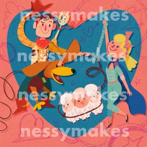 Woody and Bo Peep Illustrated Print | Toy Story 4 Disney Fan Art | Forky and Slinky Poster