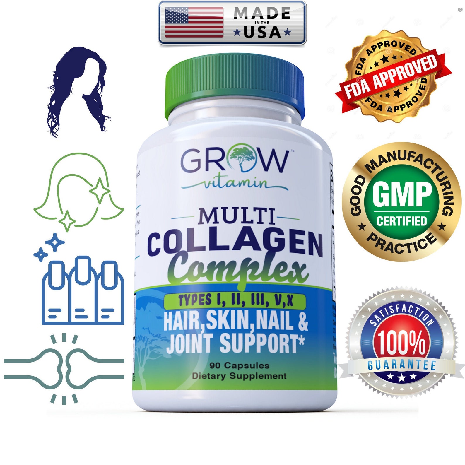 Grow Vitamin Multi Collagen Pills types 1, 2, 3, 4 & 5 ALL IN ONE Collagen Peptides With Grass