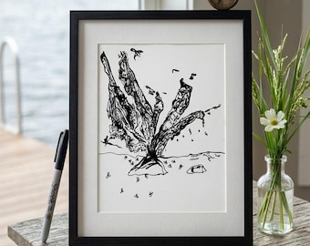 Wave Pen Ink Drawing, Minimalist Nautical Fine Line Art Print