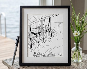 Lake House Boat Dock Pen Ink Drawing, Minimalist Nautical Fine Line Art Print