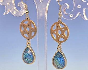 Blue Sparkle Drop Gold Pentacle Earrings