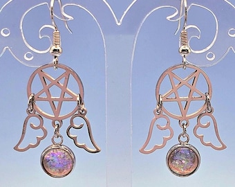 Pentacle Angel Smooth Iridescent Silver Charm Earrings