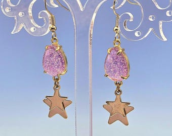 Pink Glitter Drop Gold Stacked Stars Charm Earrings