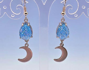 Blue Glitter Drop Silver Crescent Moons Charm Earrings
