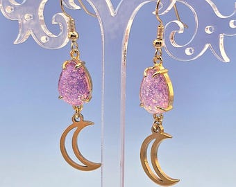 Pink Glitter Drop Gold Outline Moons Charm Earrings