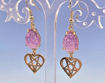 Pink Glitter Drop Gold Heart Pentacle Charm Earrings