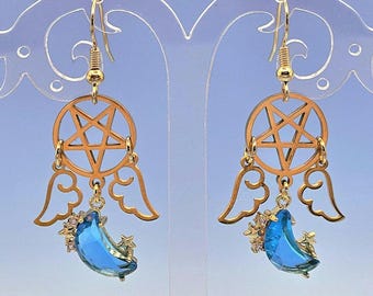Glass Blue Moon Rhinestone Gold Winged Pentacle Charm Earrings