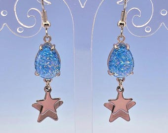 Blue Glitter Drop Silver Stacked Stars Charm Earrings